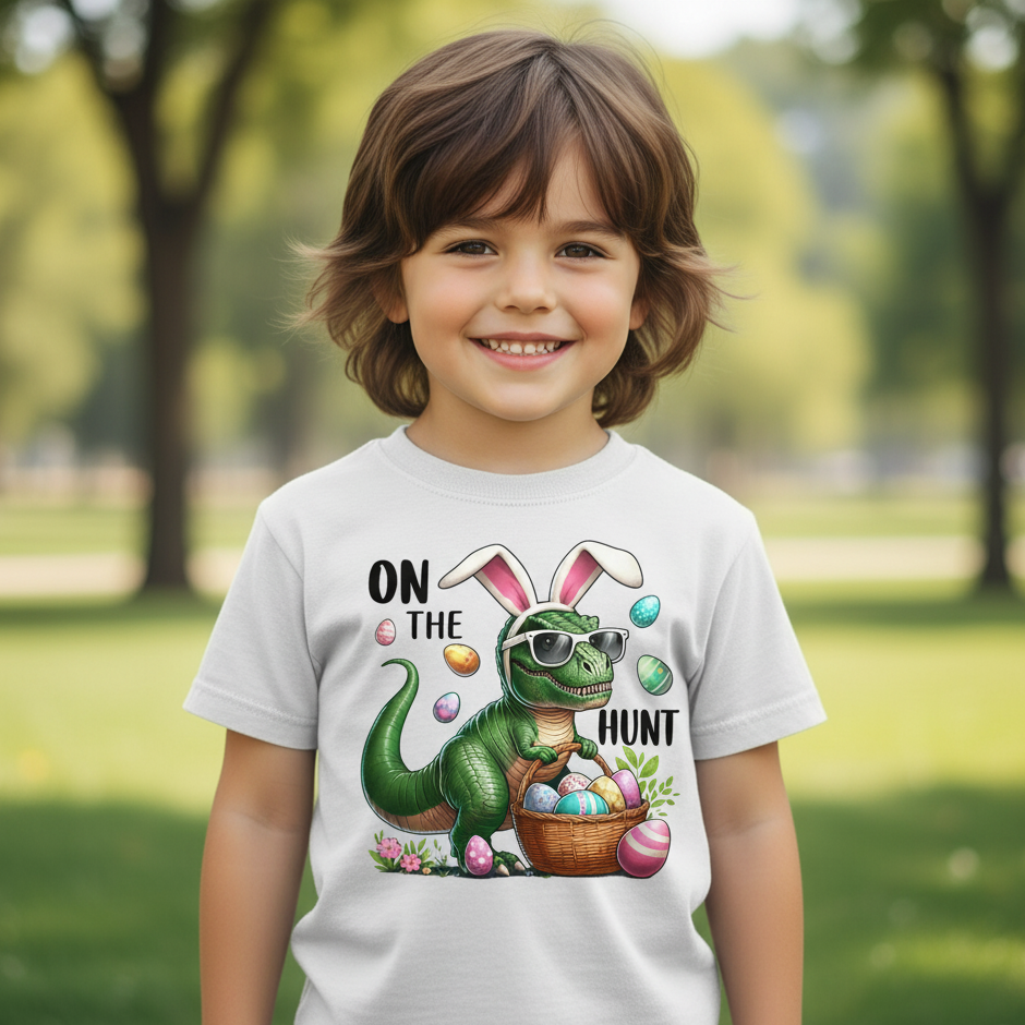 On The Hunt" T-Rex Easter Shirt for Kids | Funny Dinosaur Bunny Ears Tee