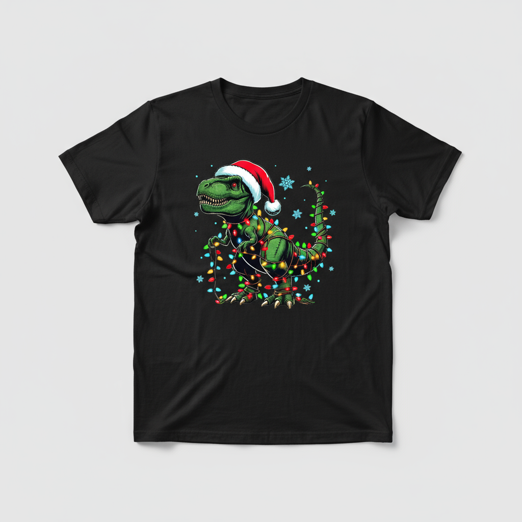 Dino-Mite Holiday Tee | Festive T-Rex in Lights & Santa Hat Shirt