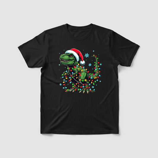 Dino-Mite Holiday Tee | Festive T-Rex in Lights & Santa Hat Shirt
