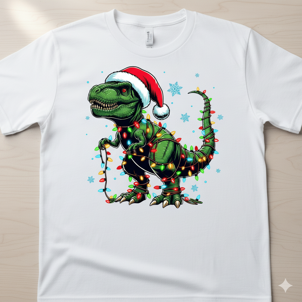 Dino-Mite Holiday Tee | Festive T-Rex in Lights & Santa Hat Shirt