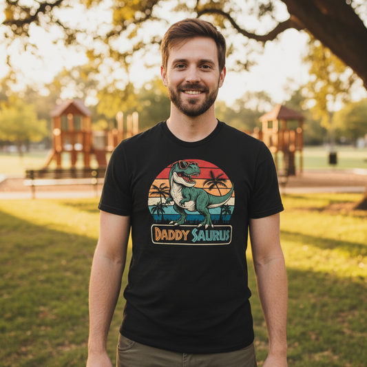 Daddy Saurus T-Shirt - Funny Dinosaur Dad Retro Sunset Tee