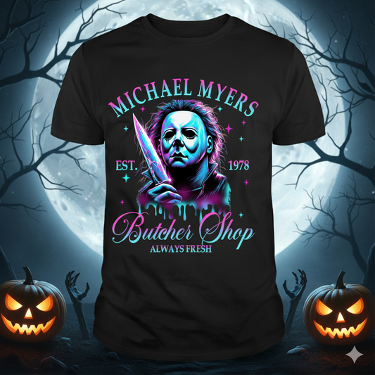 Michael Myers "Butcher Shop" Neon Retro Horror T-Shirt | EST 1978