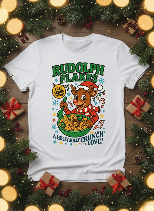 Rudolph Flakes Cereal Christmas T-Shirt | Holly Jolly Crunch Reindeer Pun Tee