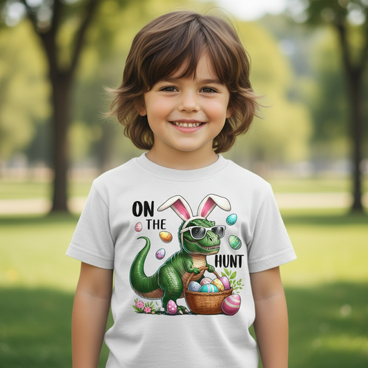 On The Hunt" T-Rex Easter Shirt for Kids | Funny Dinosaur Bunny Ears Tee