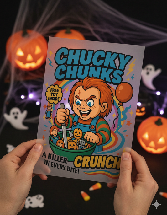 Chucky Chunks Cereal Box Art Print - A Killer Crunch in Every Bite! | DTF Transfer
