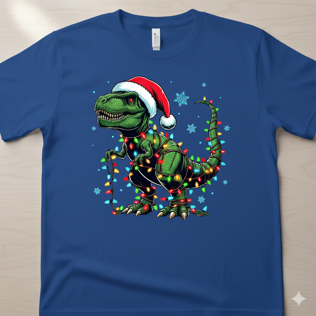 Dino-Mite Holiday Tee | Festive T-Rex in Lights & Santa Hat Shirt