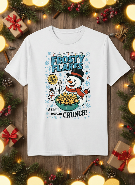 Frosty Flakes Cereal Snowman T-Shirt | Funny Christmas Winter Holiday Pun Tee
