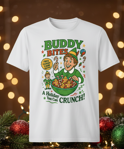 Buddy Bites Elf Movie Shirt | Funny Christmas Cereal Graphic Tee | Holiday Gift for Him Her | Retro Cartoon T-Shirt